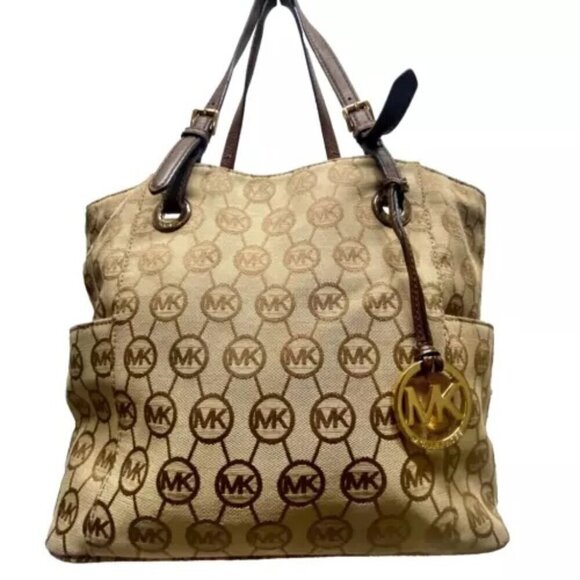 Michael Kors Jet Set Canvas Monogram Large Tote Khaki/Mocha Leather Strap GUC - Picture 1 of 13